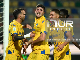 Gabriele Bracaglia of Frosinone Calcio celebrates after scoring the goal to make it 1-1 during the 13th day of the Serie BKT Championship be...