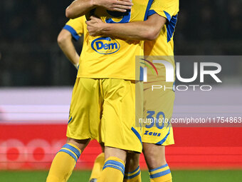 Gabriele Bracaglia of Frosinone Calcio celebrates after scoring the goal to make it 1-1 during the 13th day of the Serie BKT Championship be...