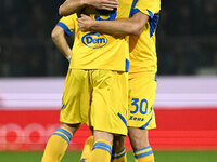 Gabriele Bracaglia of Frosinone Calcio celebrates after scoring the goal to make it 1-1 during the 13th day of the Serie BKT Championship be...