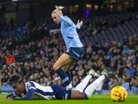 Alex Greenwood #5 of Manchester City W.F.C. fouls the opponent during the Barclays FA Women's Super League match between Manchester City and...