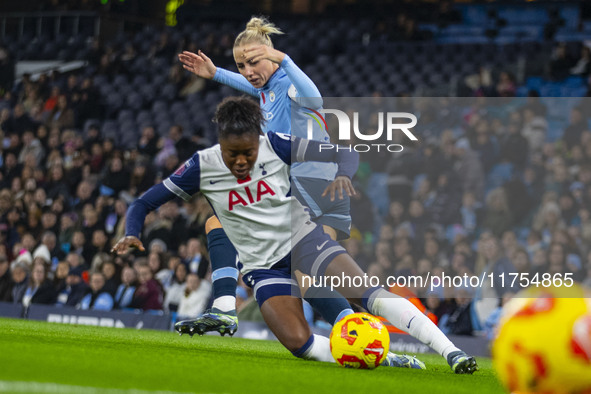 Alex Greenwood #5 of Manchester City W.F.C. fouls the opponent during the Barclays FA Women's Super League match between Manchester City and...