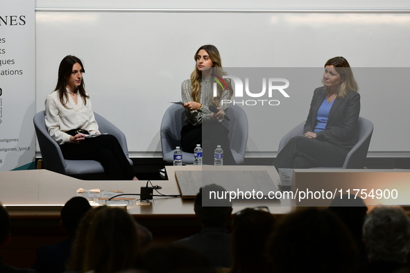 Mrs. Yael Braun Pivet, President of the National Assembly, speaks with students from the Poli Gones association at Jean Moulin Lyon 3 Univer...