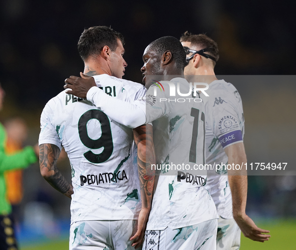 Pietro Pellegri of Empoli FC celebrates a goal during the Serie A match between US Lecce and Empoli in Lecce, Italy, on November 8, 2024. 