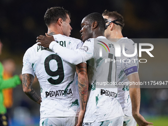 Pietro Pellegri of Empoli FC celebrates a goal during the Serie A match between US Lecce and Empoli in Lecce, Italy, on November 8, 2024. (