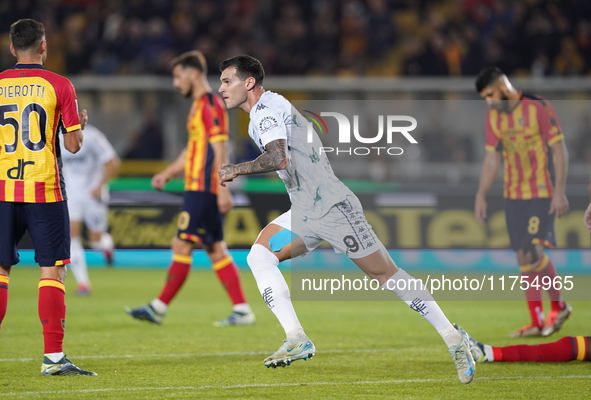 Pietro Pellegri of Empoli FC celebrates a goal during the Serie A match between US Lecce and Empoli in Lecce, Italy, on November 8, 2024. 