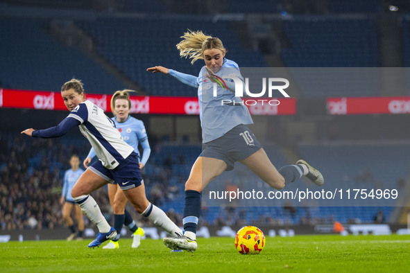 Jill Roord #10 of Manchester City W.F.C. scores a goal to make it 3-0 during the Barclays FA Women's Super League match between Manchester C...