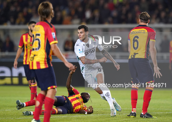 Pietro Pellegri of Empoli FC celebrates a goal during the Serie A match between US Lecce and Empoli in Lecce, Italy, on November 8, 2024. 