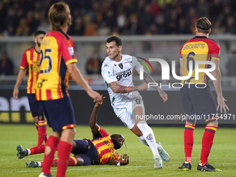 Pietro Pellegri of Empoli FC celebrates a goal during the Serie A match between US Lecce and Empoli in Lecce, Italy, on November 8, 2024. (