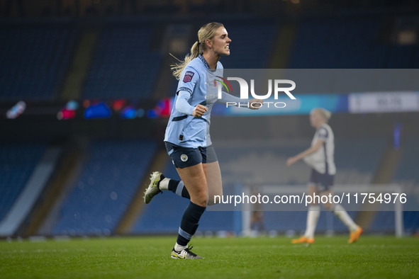 Jill Roord #10 of Manchester City W.F.C. celebrates her goal during the Barclays FA Women's Super League match between Manchester City and T...