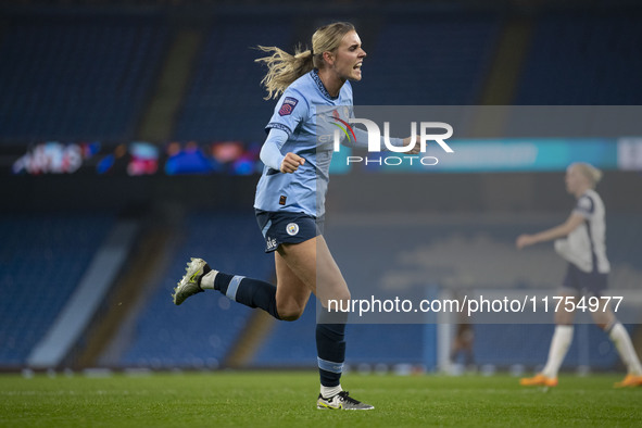 Jill Roord #10 of Manchester City W.F.C. celebrates her goal during the Barclays FA Women's Super League match between Manchester City and T...