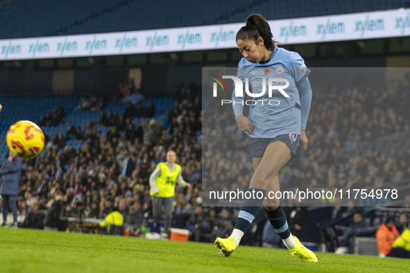 Leila Ouahabi #15 of Manchester City W.F.C. plays during the Barclays FA Women's Super League match between Manchester City and Tottenham Ho...