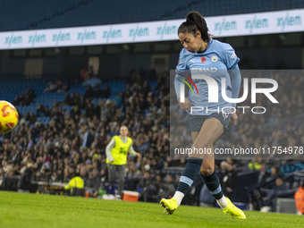 Leila Ouahabi #15 of Manchester City W.F.C. plays during the Barclays FA Women's Super League match between Manchester City and Tottenham Ho...