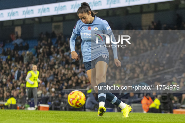 Leila Ouahabi #15 of Manchester City W.F.C. plays during the Barclays FA Women's Super League match between Manchester City and Tottenham Ho...