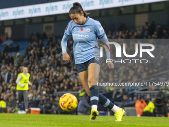 Leila Ouahabi #15 of Manchester City W.F.C. plays during the Barclays FA Women's Super League match between Manchester City and Tottenham Ho...