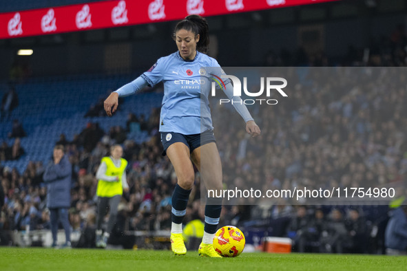 Leila Ouahabi #15 of Manchester City W.F.C. plays during the Barclays FA Women's Super League match between Manchester City and Tottenham Ho...