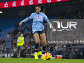 Leila Ouahabi #15 of Manchester City W.F.C. plays during the Barclays FA Women's Super League match between Manchester City and Tottenham Ho...