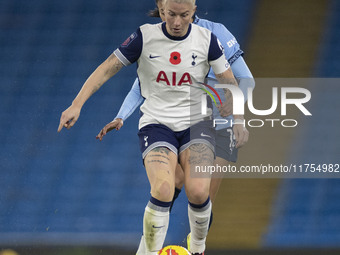 Beth England, number 9 of Tottenham Hotspur F.C., participates in the Barclays FA Women's Super League match between Manchester City and Tot...