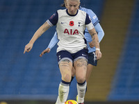 Beth England, number 9 of Tottenham Hotspur F.C., participates in the Barclays FA Women's Super League match between Manchester City and Tot...