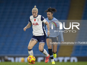 Beth England #9 of Tottenham Hotspur F.C. is in possession of the ball during the Barclays FA Women's Super League match between Manchester...