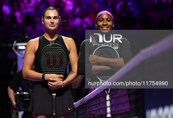 RIYADH, SAUDI ARABIA - NOVEMBER 08: Aryna Sabalenka of Belarus and Coco Gauff of USA pose for a photo ahead of their semi-final match, on Da...