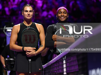 RIYADH, SAUDI ARABIA - NOVEMBER 08: Aryna Sabalenka of Belarus and Coco Gauff of USA pose for a photo ahead of their semi-final match, on Da...