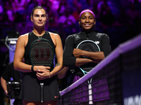 RIYADH, SAUDI ARABIA - NOVEMBER 08: Aryna Sabalenka of Belarus and Coco Gauff of USA pose for a photo ahead of their semi-final match, on Da...