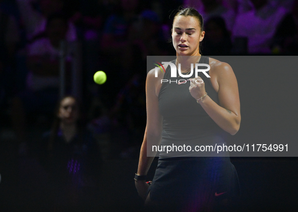 RIYADH, SAUDI ARABIA - NOVEMBER 08: Aryna Sabalenka of Belarus during her semi-final match against Coco Gauff of USA, on Day 7 of the 2024 W...