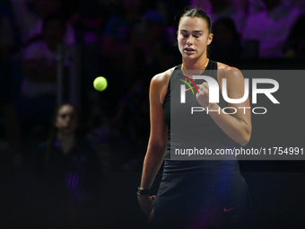 RIYADH, SAUDI ARABIA - NOVEMBER 08: Aryna Sabalenka of Belarus during her semi-final match against Coco Gauff of USA, on Day 7 of the 2024 W...