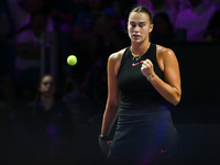 RIYADH, SAUDI ARABIA - NOVEMBER 08: Aryna Sabalenka of Belarus during her semi-final match against Coco Gauff of USA, on Day 7 of the 2024 W...