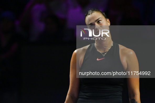 RIYADH, SAUDI ARABIA - NOVEMBER 08: Aryna Sabalenka of Belarus during her semi-final match against Coco Gauff of USA, on Day 7 of the 2024 W...