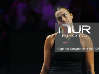 RIYADH, SAUDI ARABIA - NOVEMBER 08: Aryna Sabalenka of Belarus during her semi-final match against Coco Gauff of USA, on Day 7 of the 2024 W...