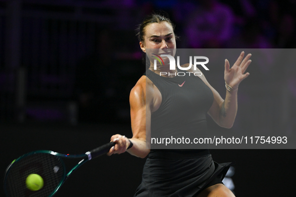 RIYADH, SAUDI ARABIA - NOVEMBER 08: Aryna Sabalenka of Belarus during her semi-final match against Coco Gauff of USA, on Day 7 of the 2024 W...