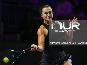 RIYADH, SAUDI ARABIA - NOVEMBER 08: Aryna Sabalenka of Belarus during her semi-final match against Coco Gauff of USA, on Day 7 of the 2024 W...