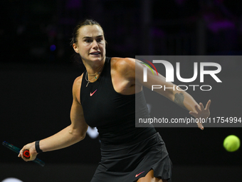 RIYADH, SAUDI ARABIA - NOVEMBER 08: Aryna Sabalenka of Belarus during her semi-final match against Coco Gauff of USA, on Day 7 of the 2024 W...