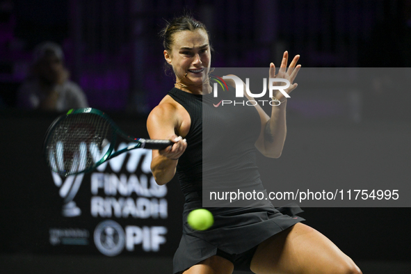 RIYADH, SAUDI ARABIA - NOVEMBER 08: Aryna Sabalenka of Belarus during her semi-final match against Coco Gauff of USA, on Day 7 of the 2024 W...