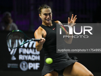 RIYADH, SAUDI ARABIA - NOVEMBER 08: Aryna Sabalenka of Belarus during her semi-final match against Coco Gauff of USA, on Day 7 of the 2024 W...