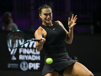 RIYADH, SAUDI ARABIA - NOVEMBER 08: Aryna Sabalenka of Belarus during her semi-final match against Coco Gauff of USA, on Day 7 of the 2024 W...