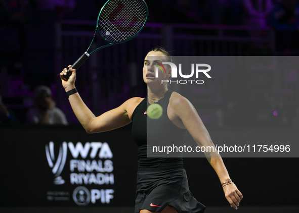 RIYADH, SAUDI ARABIA - NOVEMBER 08: Aryna Sabalenka of Belarus during her semi-final match against Coco Gauff of USA, on Day 7 of the 2024 W...