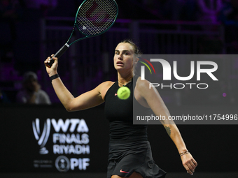 RIYADH, SAUDI ARABIA - NOVEMBER 08: Aryna Sabalenka of Belarus during her semi-final match against Coco Gauff of USA, on Day 7 of the 2024 W...