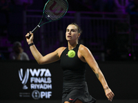 RIYADH, SAUDI ARABIA - NOVEMBER 08: Aryna Sabalenka of Belarus during her semi-final match against Coco Gauff of USA, on Day 7 of the 2024 W...