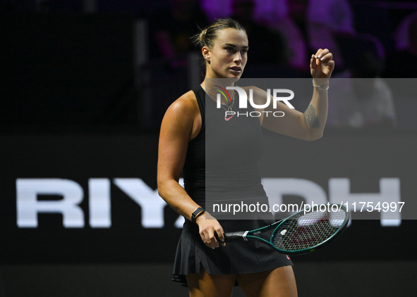 RIYADH, SAUDI ARABIA - NOVEMBER 08: Aryna Sabalenka of Belarus during her semi-final match against Coco Gauff of USA, on Day 7 of the 2024 W...