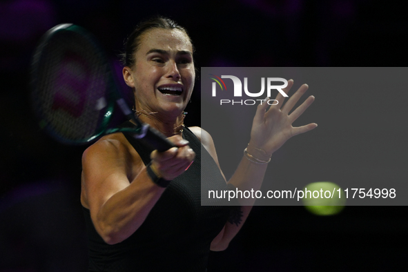 RIYADH, SAUDI ARABIA - NOVEMBER 08: Aryna Sabalenka of Belarus during her semi-final match against Coco Gauff of USA, on Day 7 of the 2024 W...