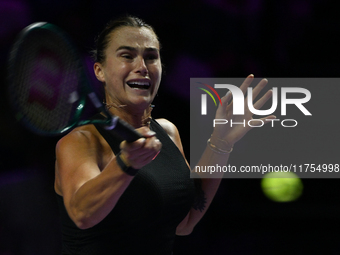 RIYADH, SAUDI ARABIA - NOVEMBER 08: Aryna Sabalenka of Belarus during her semi-final match against Coco Gauff of USA, on Day 7 of the 2024 W...