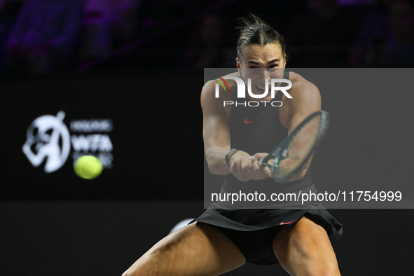 RIYADH, SAUDI ARABIA - NOVEMBER 08: Aryna Sabalenka of Belarus during her semi-final match against Coco Gauff of USA, on Day 7 of the 2024 W...