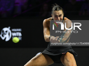 RIYADH, SAUDI ARABIA - NOVEMBER 08: Aryna Sabalenka of Belarus during her semi-final match against Coco Gauff of USA, on Day 7 of the 2024 W...