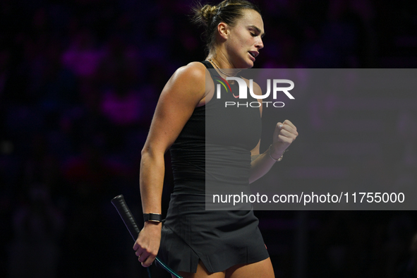 RIYADH, SAUDI ARABIA - NOVEMBER 08: Aryna Sabalenka of Belarus during her semi-final match against Coco Gauff of USA, on Day 7 of the 2024 W...