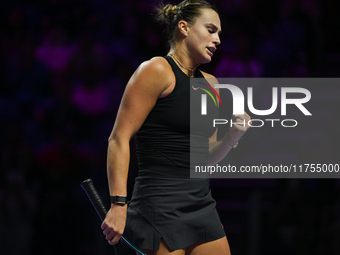 RIYADH, SAUDI ARABIA - NOVEMBER 08: Aryna Sabalenka of Belarus during her semi-final match against Coco Gauff of USA, on Day 7 of the 2024 W...