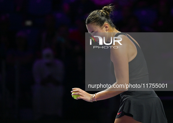 RIYADH, SAUDI ARABIA - NOVEMBER 08: Aryna Sabalenka of Belarus during her semi-final match against Coco Gauff of USA, on Day 7 of the 2024 W...