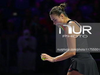 RIYADH, SAUDI ARABIA - NOVEMBER 08: Aryna Sabalenka of Belarus during her semi-final match against Coco Gauff of USA, on Day 7 of the 2024 W...