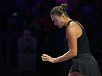 RIYADH, SAUDI ARABIA - NOVEMBER 08: Aryna Sabalenka of Belarus during her semi-final match against Coco Gauff of USA, on Day 7 of the 2024 W...